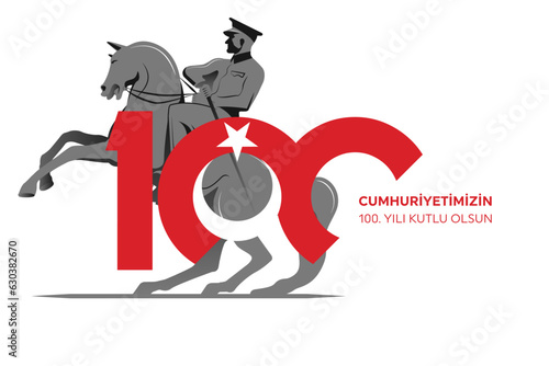 100th year of turkish republic. (Turkish: Cumhuriyetimiz 100 yaşında) The Republic of Turkey is 100 years old. Vector illustration, poster, celebration card, graphic, post and story design.