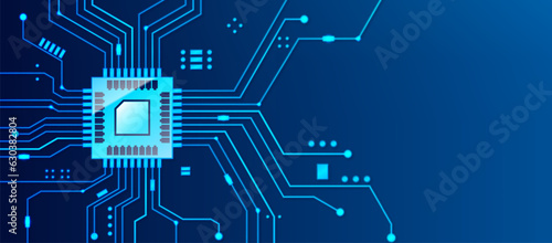 Microchip processor banner with blue background. Vector Illustration.