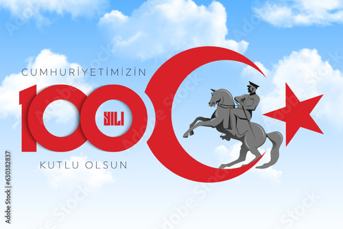 100th year of turkish republic. (Turkish: Cumhuriyetimiz 100 yaşında) The Republic of Turkey is 100 years old. Vector illustration, poster, celebration card, graphic, post and story design.