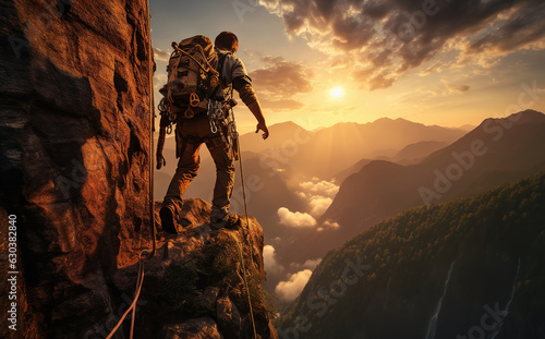 Epic Adventurous Extreme Sport Composite of Rock Climbing Man Rappelling from a Cliff. Mountain Landscape
