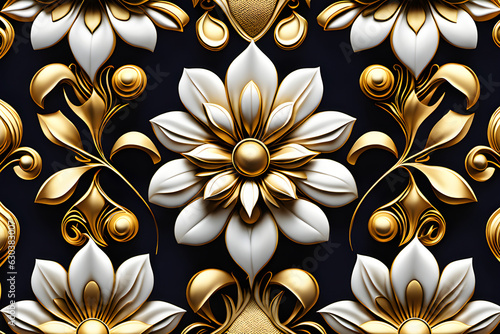 Elegant Leather Base Golden and White Floral Damask Seamless Flowers with Gold and Isolated on Black Background. Matelic, Italian, Chaines 3d Interior Mural Wall art Wallpaper.