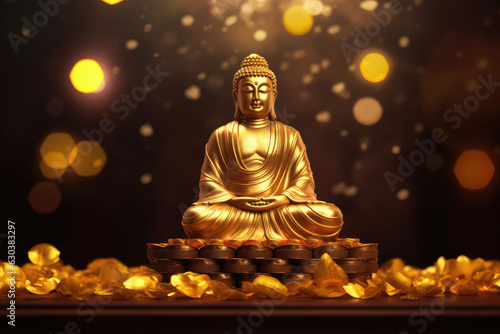 3d lucky golden buddha with many golden coins  generative AI