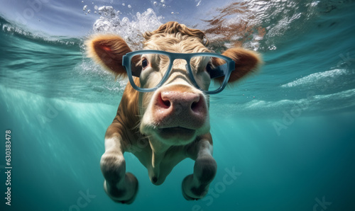 A cow with glasses dives in the water. Surreal fun concept of nature, animals and summer. Generative AI.