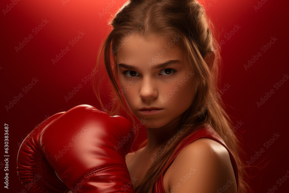 A young girl with red boxing gloves and an angry expression on her face. The concept of sports, physical activity and self-defense. Generative AI. A young girl with red boxing gloves and an angry expression on her face. The concept of sports, physical activity and self-defense. Generative AI.