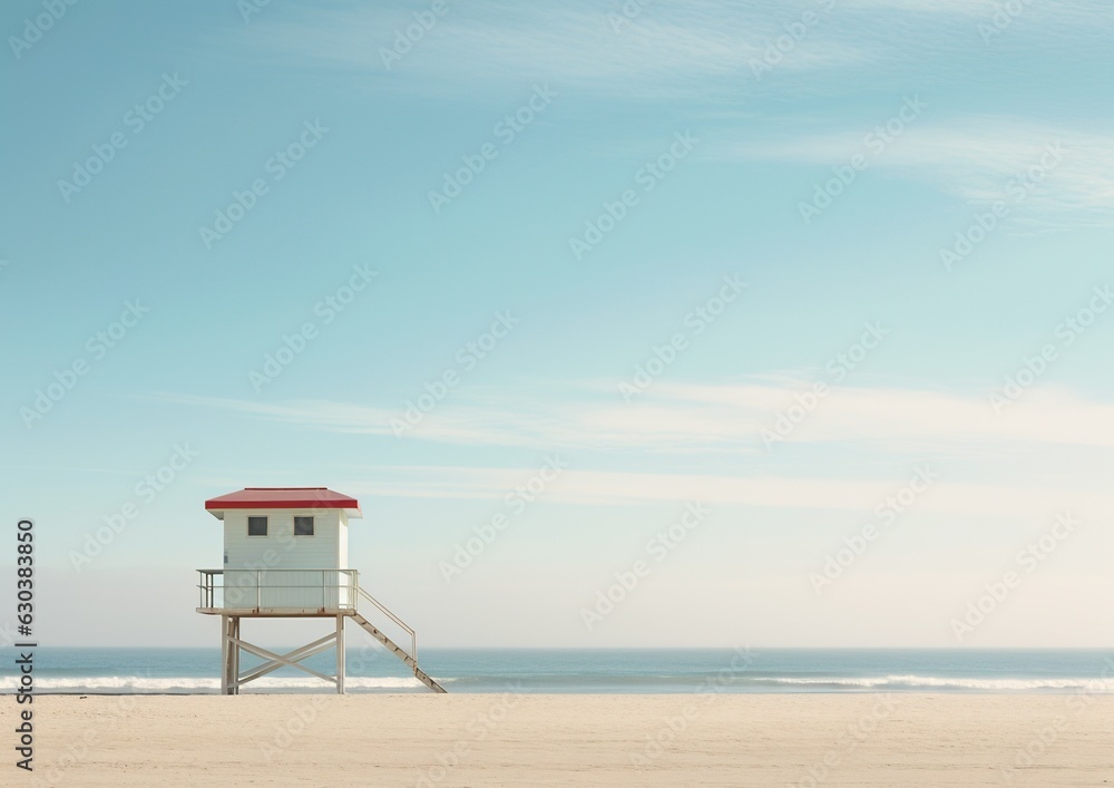 Beach Guardian: Lifeguard House in Minimalistic Serenity. Generative Ai