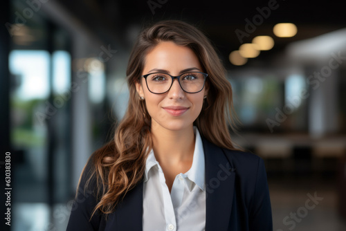 Happy young smiling confident. Professional business woman wearing blue shirt, pretty stylish female executive looking at camera, standing arms crossed isolated at gray background, Generative AI.