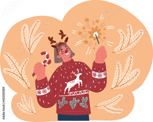 Vector illustration of Portrait of an excited happy girl wearing christmas deer costume celebrating christmas