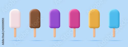 Set of multi-colored ice cream on a stick, 3 d. Concept of advertising and flavors of cold refreshing dessert for summer vacation.