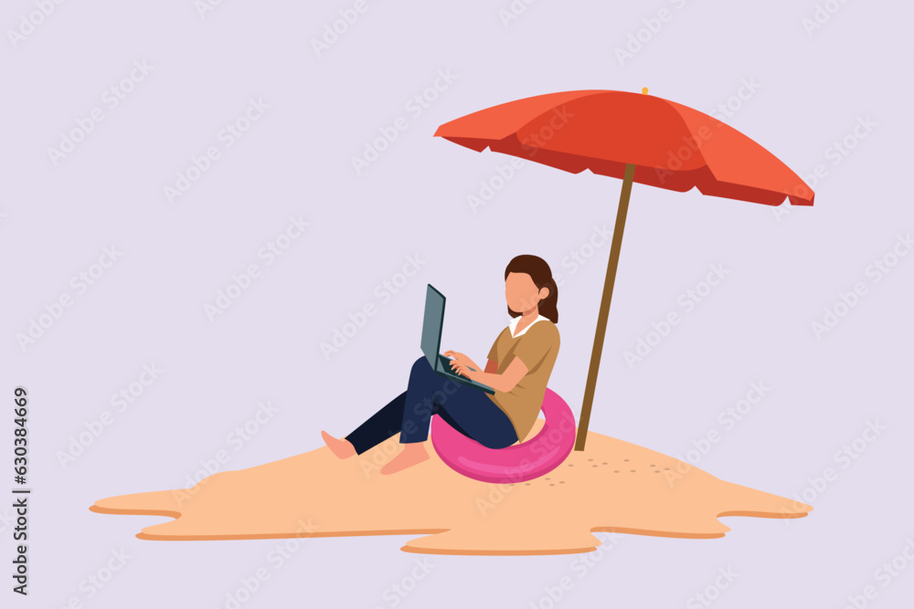 Freelancer working from home or beach at relaxed pace, convenient workplace concept. Colored flat vector illustration isolated. 