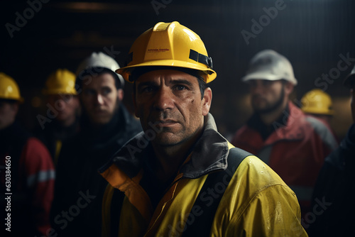 A man with a yellow protective helmet in the foreground