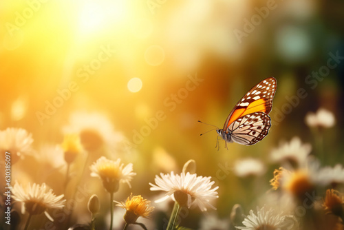 Beautiful wild flowers background with butterfly. Space for text.Generative AI
