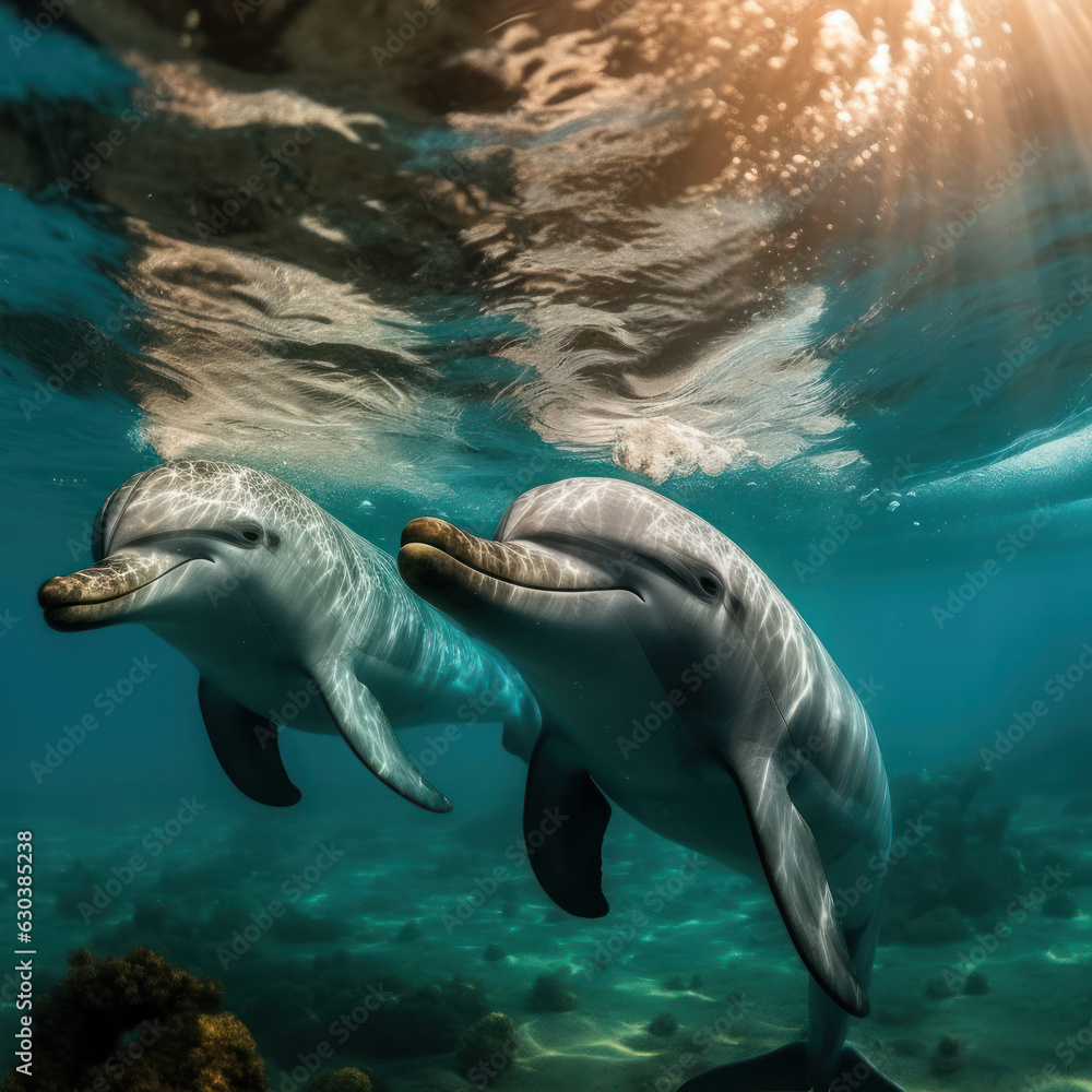 Naklejka premium Dolphins in their Natural Habitat, Wildlife Photography, Generative AI