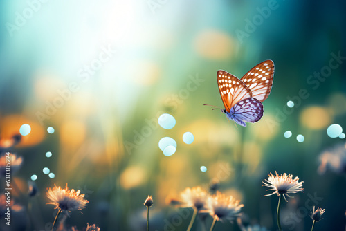 Beautiful wild flowers background with butterfly. Space for text.Generative AI