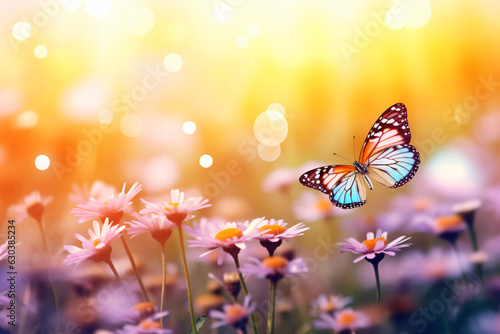 Beautiful wild flowers background with butterfly. Space for text.Generative AI