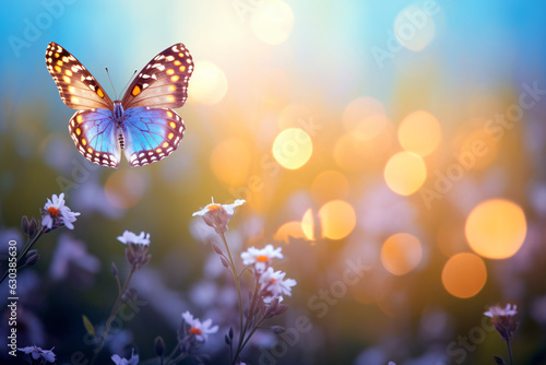 Beautiful wild flowers background with butterfly. Space for text.Generative AI