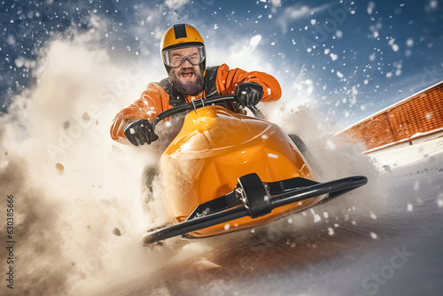 Mann mit Helm in einem Bobschlitten in rasanter Fahrt auf einer Freizeit Rodelbahn im Winter.