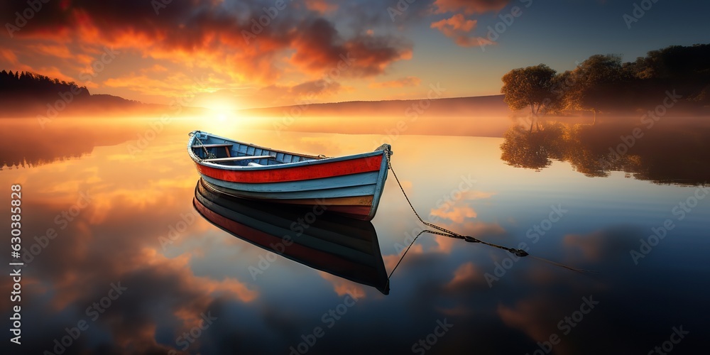 AI Generated. AI Generative. Wood boat ship on peace calm relaxung lake sea river water. Nature outdoor fishing landscape. Graphic Art