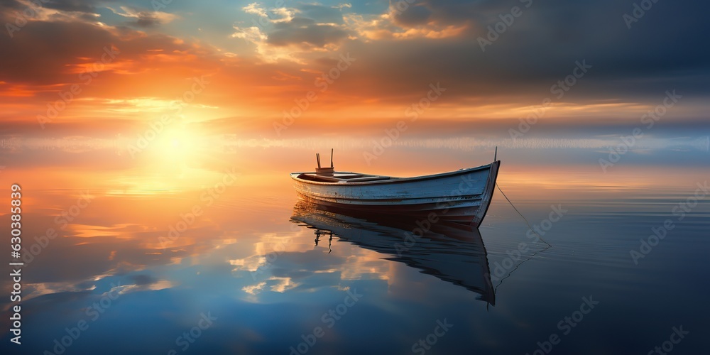 AI Generated. AI Generative. Wood boat ship on peace calm relaxung lake sea river water. Nature outdoor fishing landscape. Graphic Art AI Generated. AI Generative. Wood boat ship on peace calm relaxung lake sea river water. Nature outdoor fishing landscape. Graphic Art