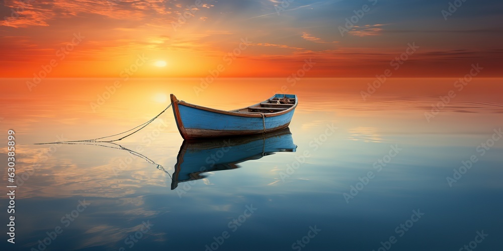 AI Generated. AI Generative. Wood boat ship on peace calm relaxung lake sea river water. Nature outdoor fishing landscape. Nautical marine navy adventure vacation time
