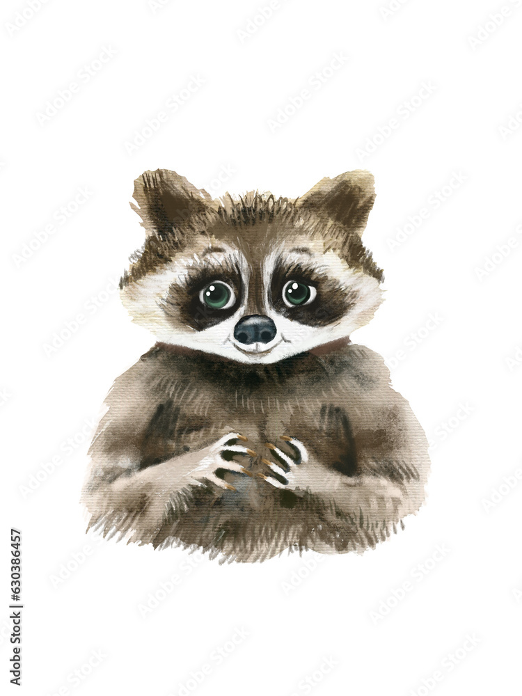 Cute little racoon, watercolor painted sketch, hand drawn kids illustration, good for baby clothes print, children greeting card, funny lovely woodland animal character.