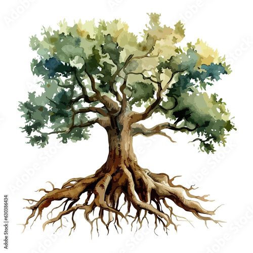 tree with spreading roots watercolor illustration