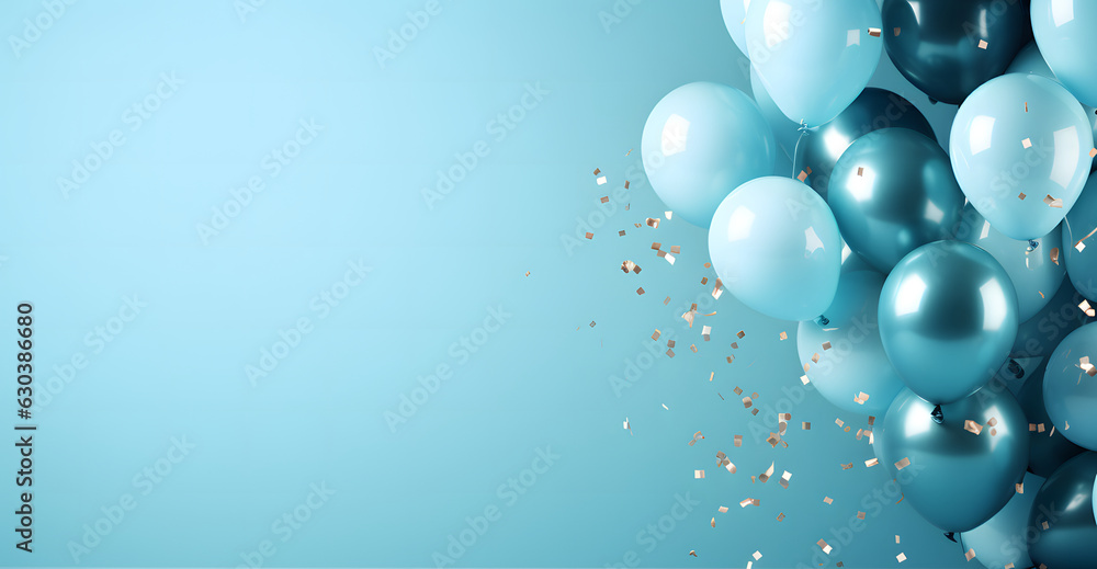 Festive banner with balloons on light blue blank background, party decoration with copy space area, panoramic holiday background Festive banner with balloons on light blue blank background, party decoration with copy space area, panoramic holiday background
