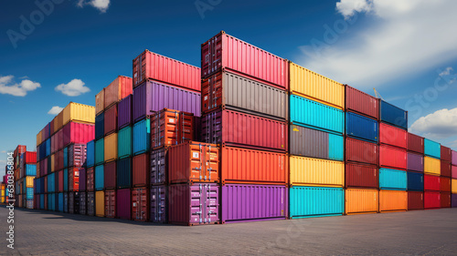 photograph of multicolored containers at a port for advertising and background wide angle lens daylight white generative ai