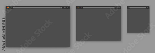 Browser windows. A set of realistic empty gray browser windows of different shapes with a toolbar, a search bar and a shadow on a dark gray background. Vector EPS 10.