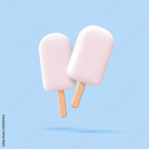 White ice cream on a stick, with white chocolate glaze 3d. Concept of selling and enjoying cold refreshing ice cream on warm summer sunny days.