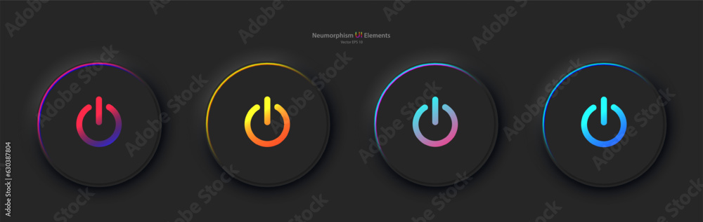A set of four round buttons with the power symbol in black. User interface elements for mobile devices in the style of neumorphism, UI, UX. Vector EPS 10.