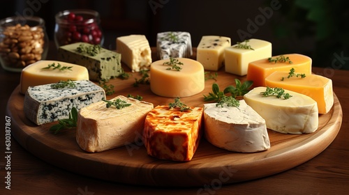 Messy Slices of Cheese, Cut into Different Shapes on Wooden Plates, Set on a Captivating Black Background, a Culinary Delight 