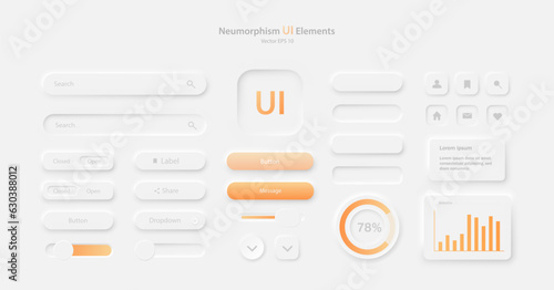 A set of user interface elements for a mobile application. A collection of icons for user interface development in white and orange. Buttons for mobile devices in the style of neumorphism, UI, UX