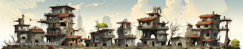 set of ruined skyscrapers, post-apocalyptic buildings isolated, white background, very hight quality generative ai photo