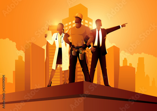 Doctor, businessman, and builder, standing proudly on the top of a building. This powerful scene symbolizes achievement, unity, and collaborative success. Perfect for Labor Day themes