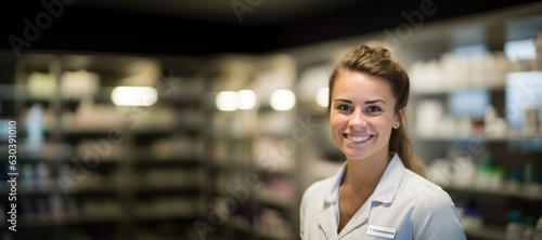 Portrait d'une jeune pharmacienne souriante en blouse debout devant les étagères de médicaments de sa pharmacie en arrière plan  photo