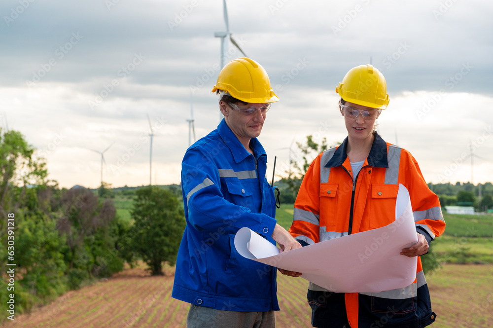 Smart engineer with protective helmet holding the blueprint working at electrical turbines field Smart engineer with protective helmet holding the blueprint working at electrical turbines field