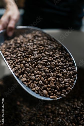Person carefully pouring roasted coffee beans from a metal bucket into a metal pan
