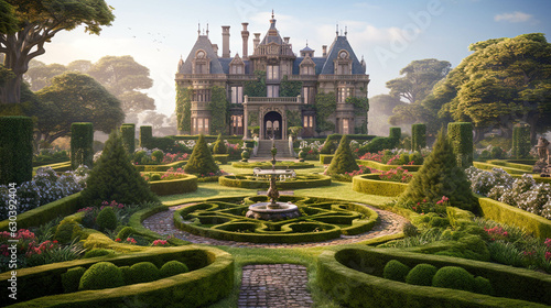 Gothic Victorian Mansion and its Manicured Garden. Fantasy Regal Victorian House. Generative AI