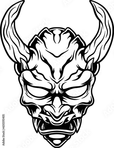hand drawn line art illustration of Japanese demon evil mask