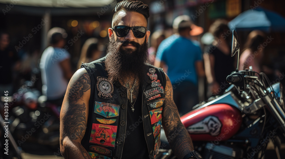 Fototapeta premium An edgy biker in a denim vest adorned with colorful patches, standing next to their custom-made chopper 