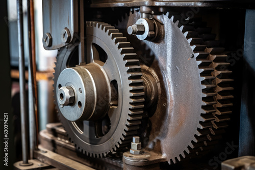 Close-up of the motor and gear mechanism of a bucket elevator in an industrial setting