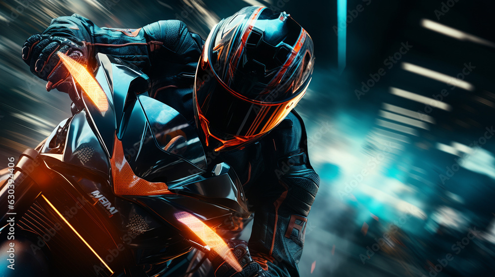 Fototapeta premium A biker in a futuristic racing suit, preparing to compete in an adrenaline-pumping track race 