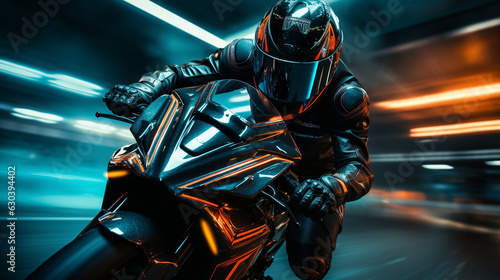 A biker in a futuristic racing suit, preparing to compete in an adrenaline-pumping track race  © Наталья Евтехова