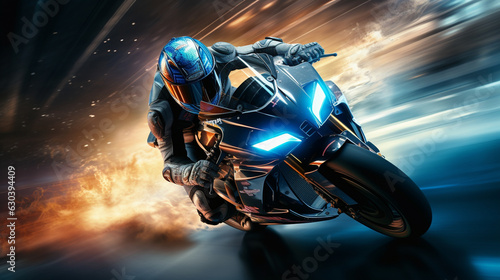 A biker in a futuristic racing suit, preparing to compete in an adrenaline-pumping track race 