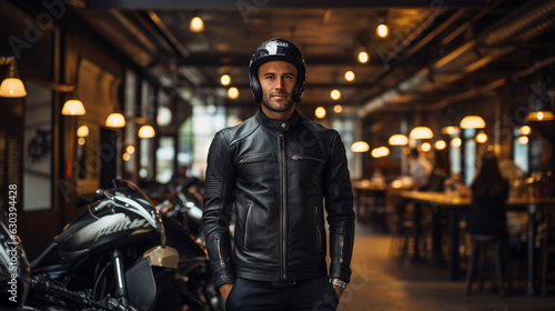 A fashionable biker with a custom-painted helmet, standing tall with their classic cafe racer  © Наталья Евтехова