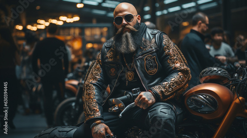 A fashion-forward biker showcasing their customized motorcycle at a prestigious bike show  © Наталья Евтехова