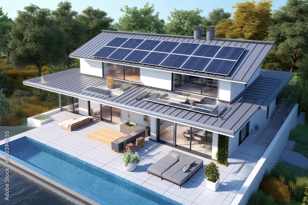 solar panels on the roof or in solar farm. Green Energy.Generative AI