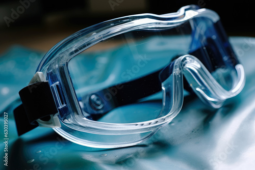 Detailed macro shot of protective safety goggles used in industrial settings