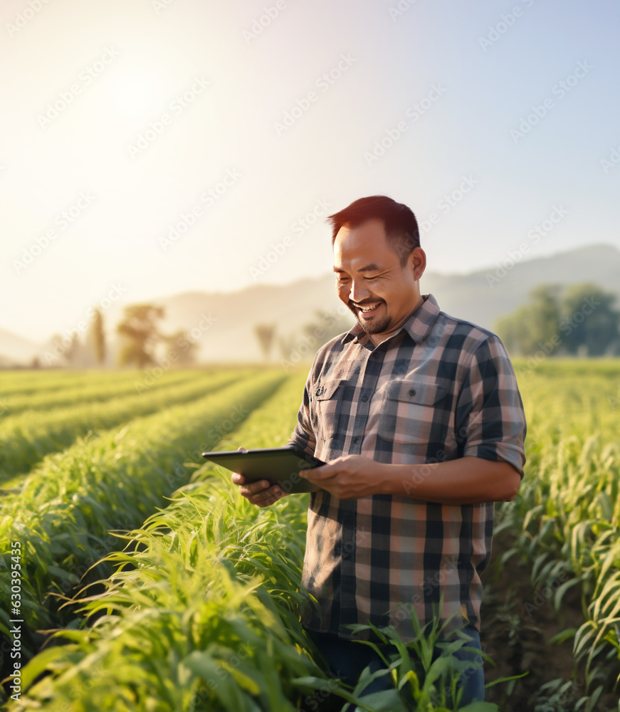 Fototapeta premium Research or agriculture man on tablet on farm for sustainability, production or industry growth analysis. happy or farmer on countryside field for weather, checklist or data search in asian