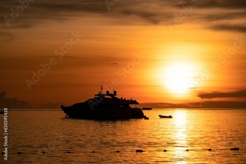 Yacht on the sea silhouetted against a vibrant orange sunset © Martin Bremer/Wirestock Creators